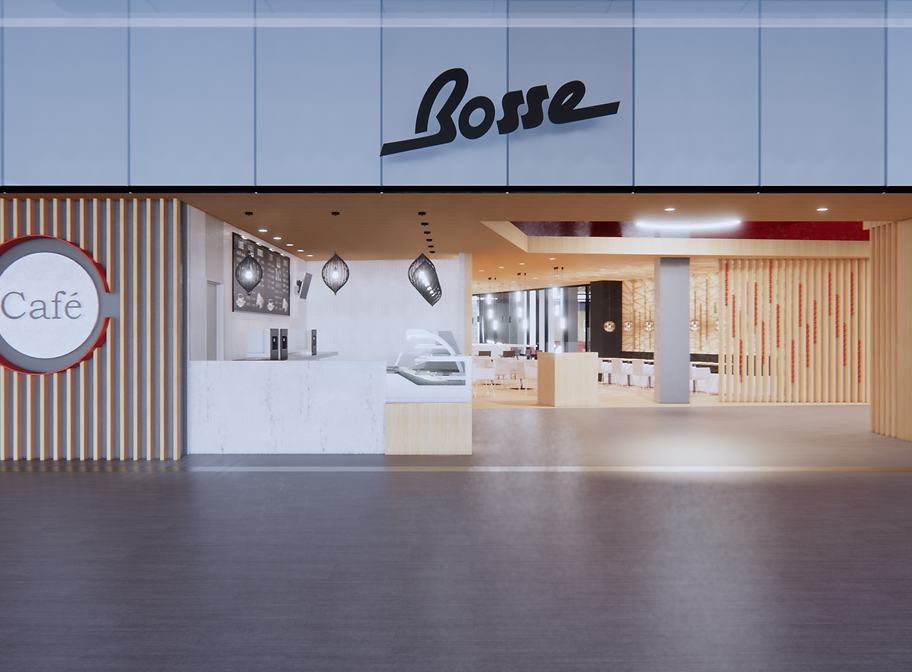 A welcoming café entrance with the "Bosse" logo prominently displayed, featuring modern wooden accents, sleek lighting, and an open interior design.