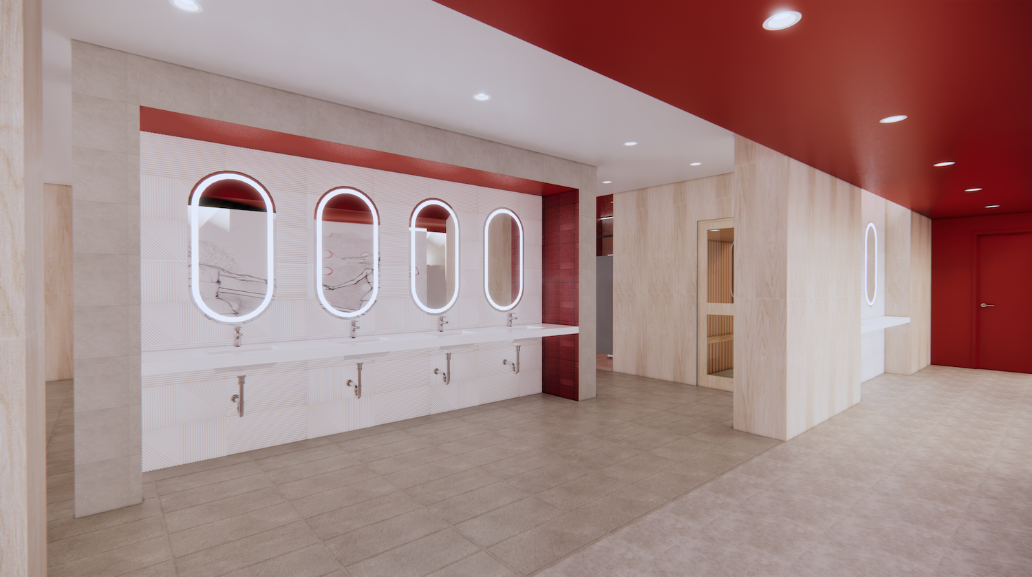 Well-lit locker room including vanity mirrors, lockers, and sinks.