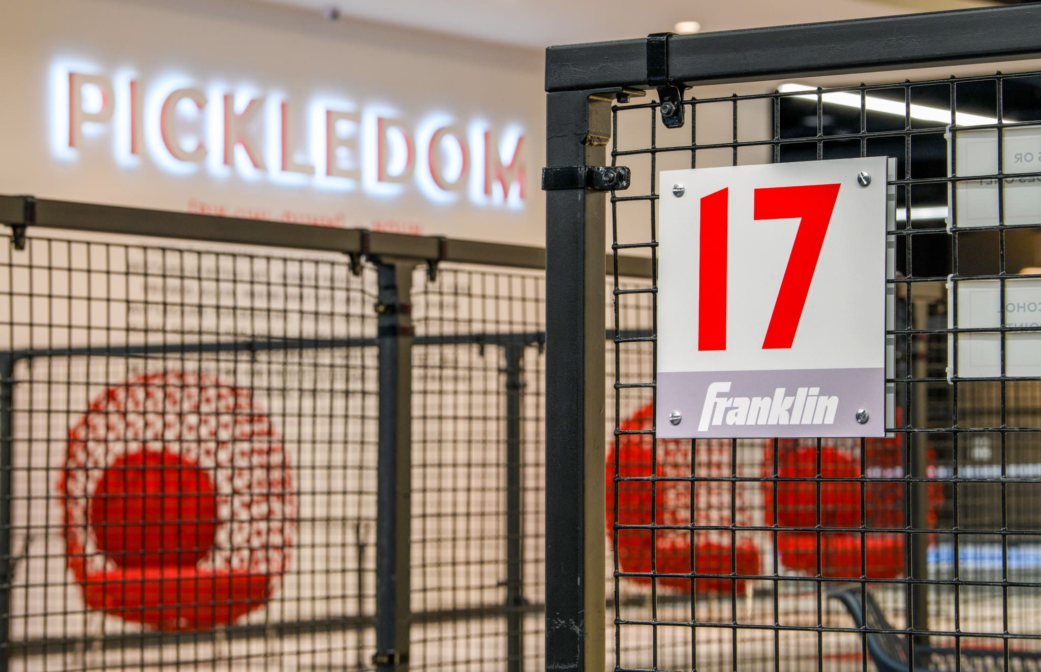 Close-up of a Pickledom court gate marked with a red